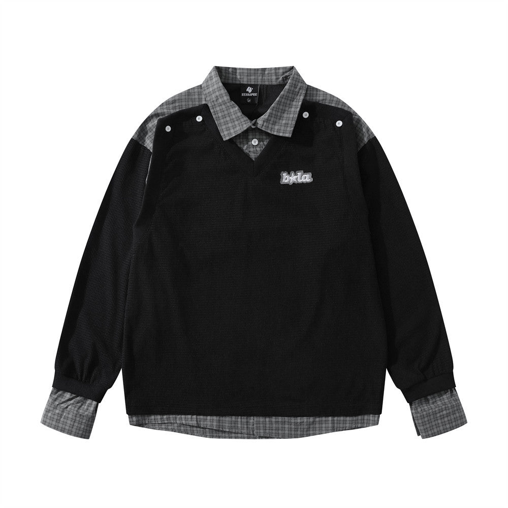 Eprolo fake two hoodies with lapels and patchwork grid design, featuring layered look and stylish details.