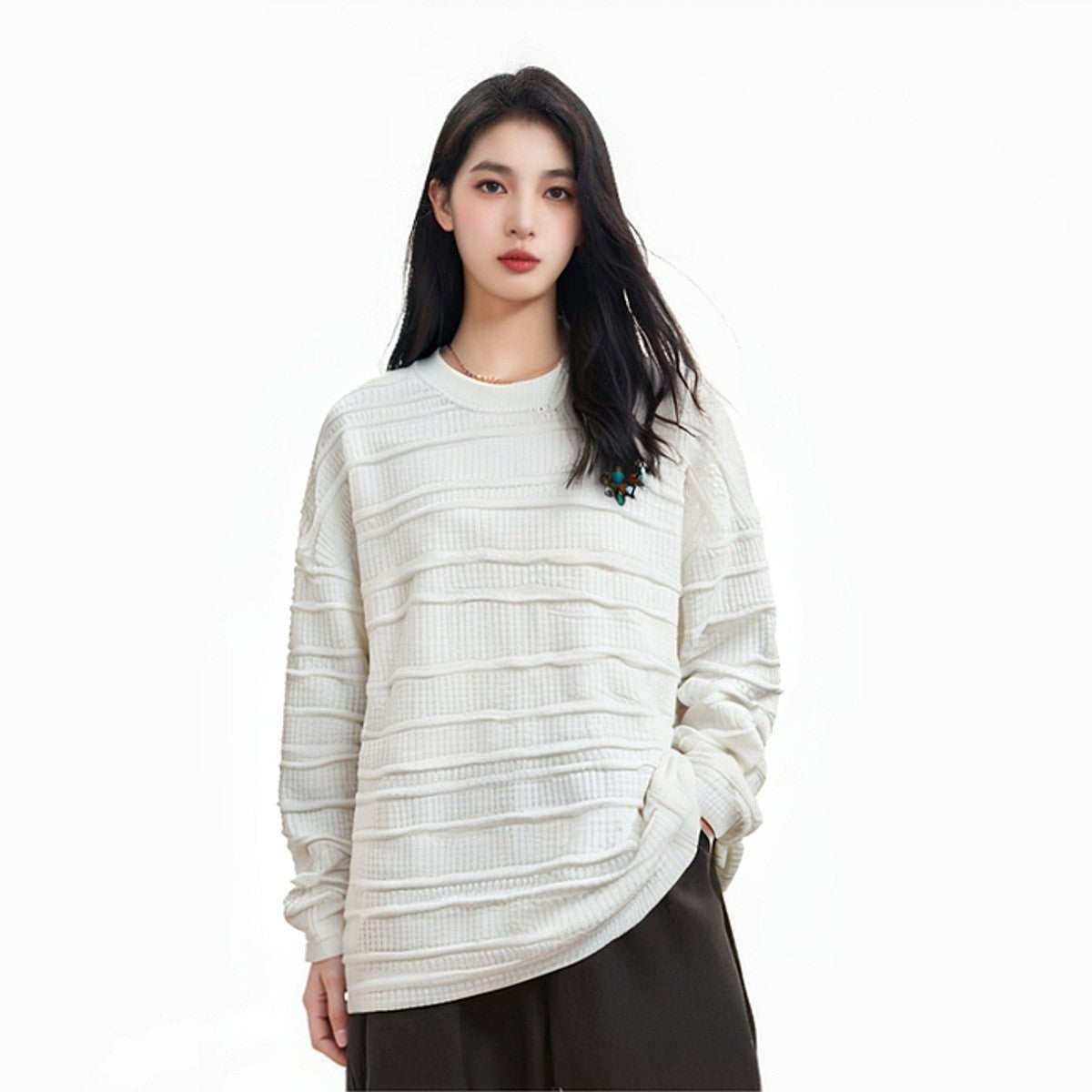 Retro turquoise badge hoodie with striped sweatshirt top, featuring a casual fit and vintage-inspired design.