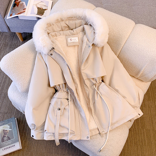 Eprolo thin cotton jacket with thick fur collar and integrated fur design, stylish and lightweight outerwear for cold weather.