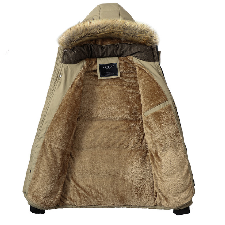 Plus size men's winter coat by eprolo featuring a hooded cotton overcoat with down insulation for warmth and durability.