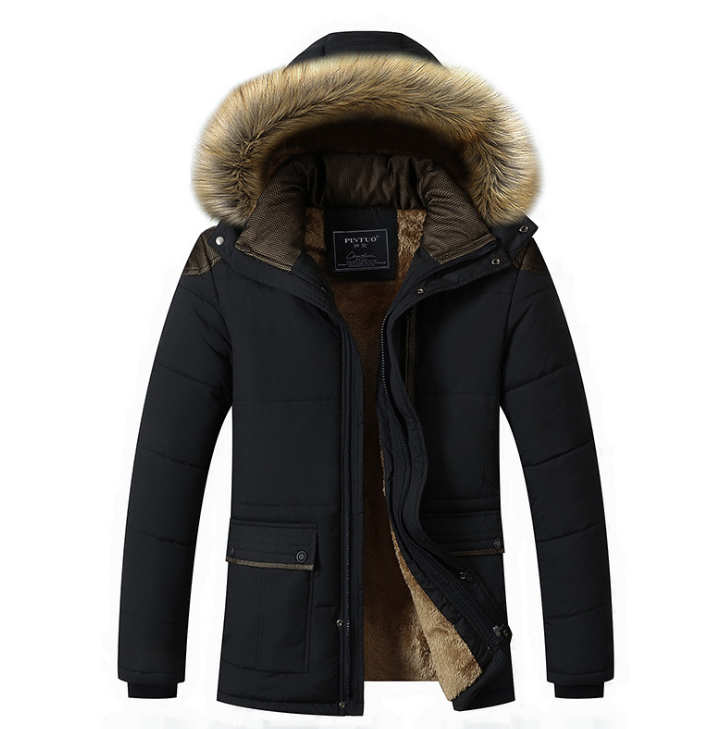 Plus size men's winter coat by eprolo, warm hooded cotton overcoat with down insulation and full-length design.