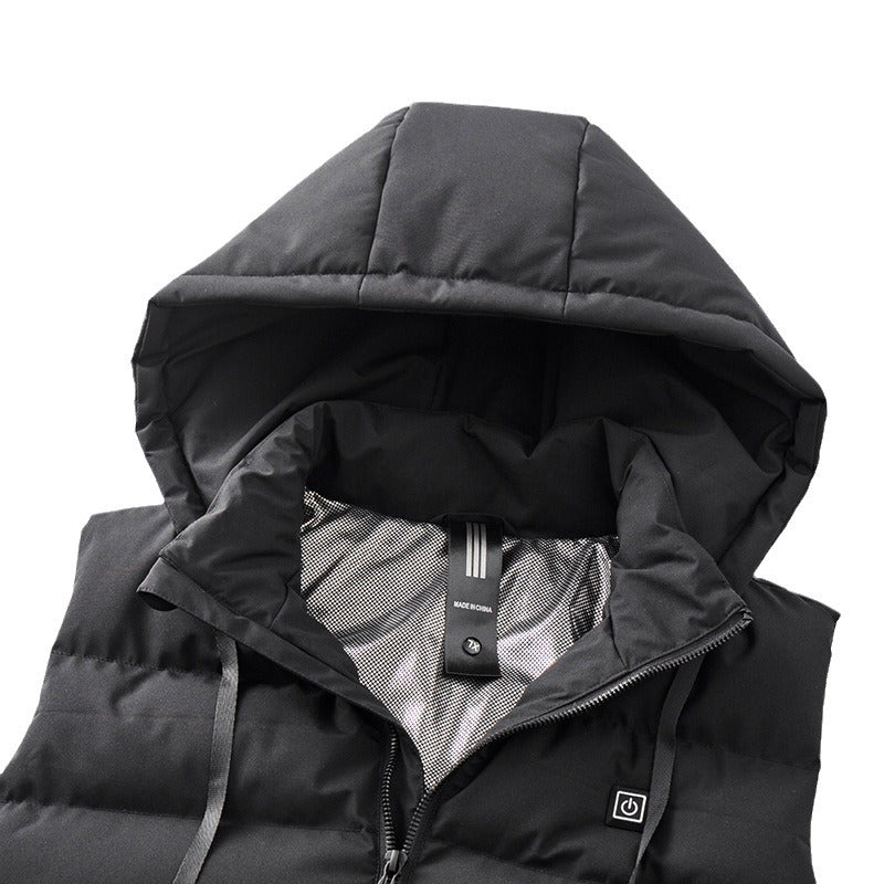 Eprolo winter full body electric heating vest with hood, USB-powered insulation, and intelligent temperature control, shown on a model.