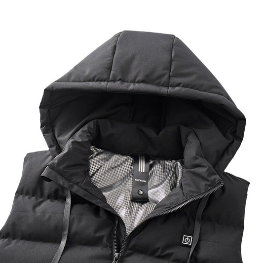 Eprolo winter full body electric heating vest with hood, USB-powered insulation, and intelligent temperature control, shown on a model.