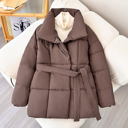Eprolo women's winter thick stand collar puffer parka with tie waist, short solid coat, streetwear style, stylish and warm outerwear