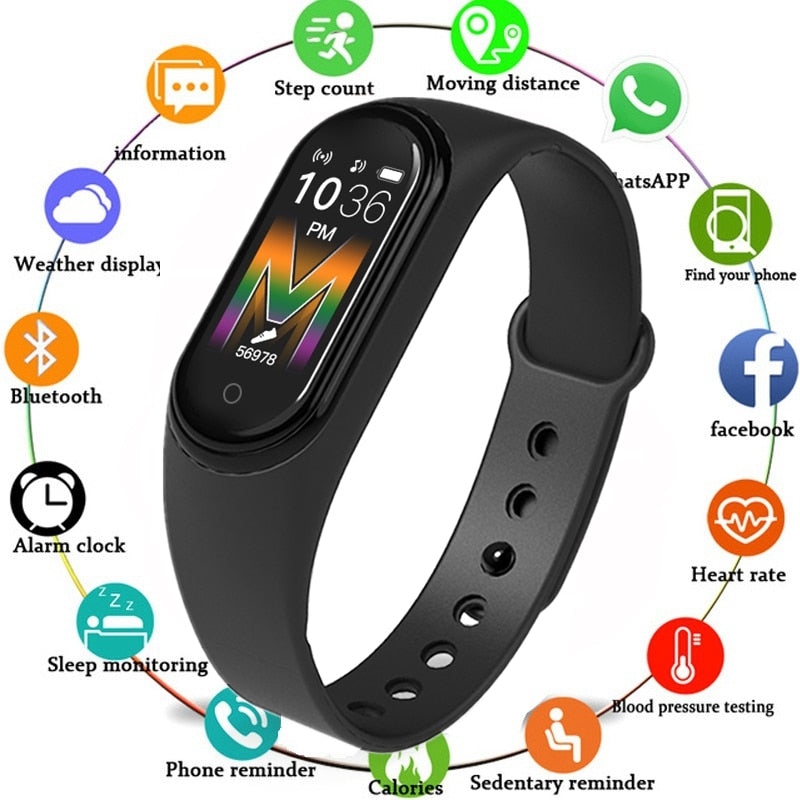 Eprolo M5 Smart Band fitness tracker with heart rate, blood pressure monitor, and sport smart bracelet on a wrist.