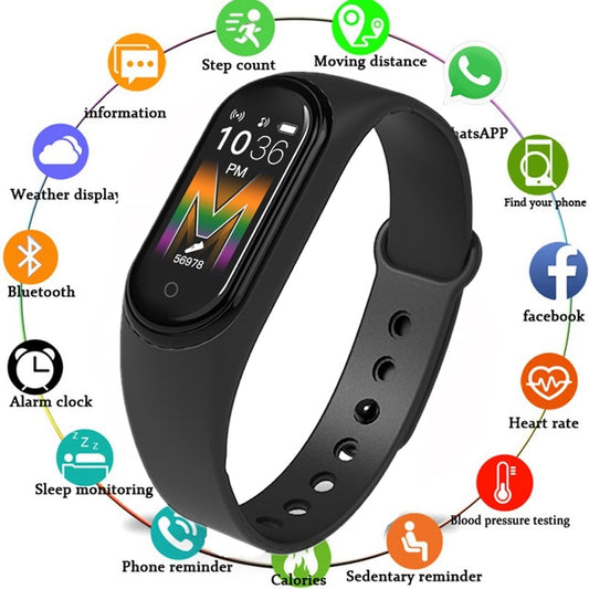 Eprolo M5 Smart Band fitness tracker with heart rate, blood pressure monitor, and sport smart bracelet on a wrist.