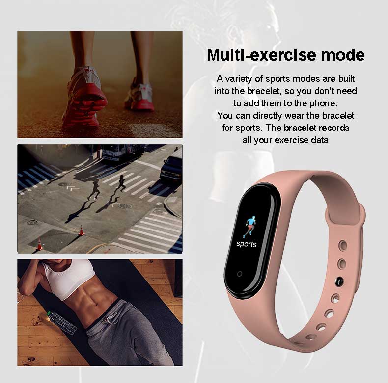 Eprolo M5 Smart Fitness Band with heart rate and blood pressure monitor, displaying a sleek black smart bracelet on a wrist.