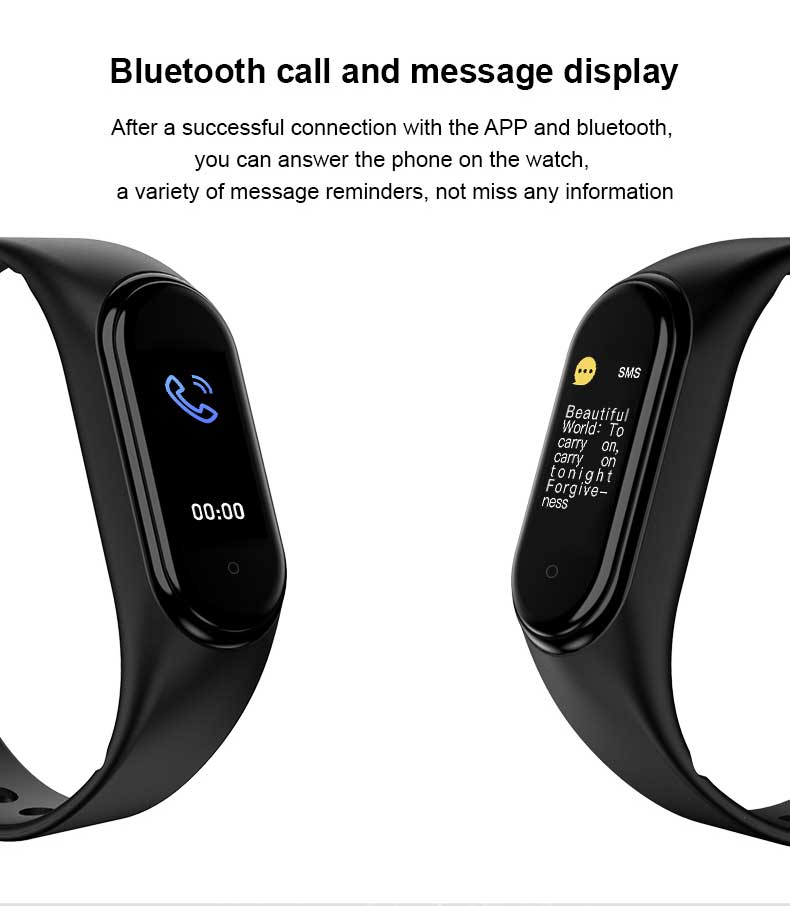 Eprolo M5 Smart Band fitness tracker and smartwatch showing heart rate monitor, blood pressure display, and activity stats on a sleek black wristband.