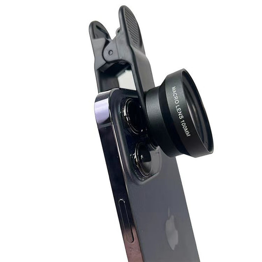 Close-up of eprolo macro lens attached to a mobile phone, capturing detailed textures for close-up photography and oral imaging.
