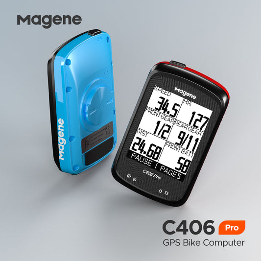 Magene Mckin C406pro wireless smart bicycle stopwatch with GPS, ANT+ speed monitoring, in English version, mounted on bike handlebar