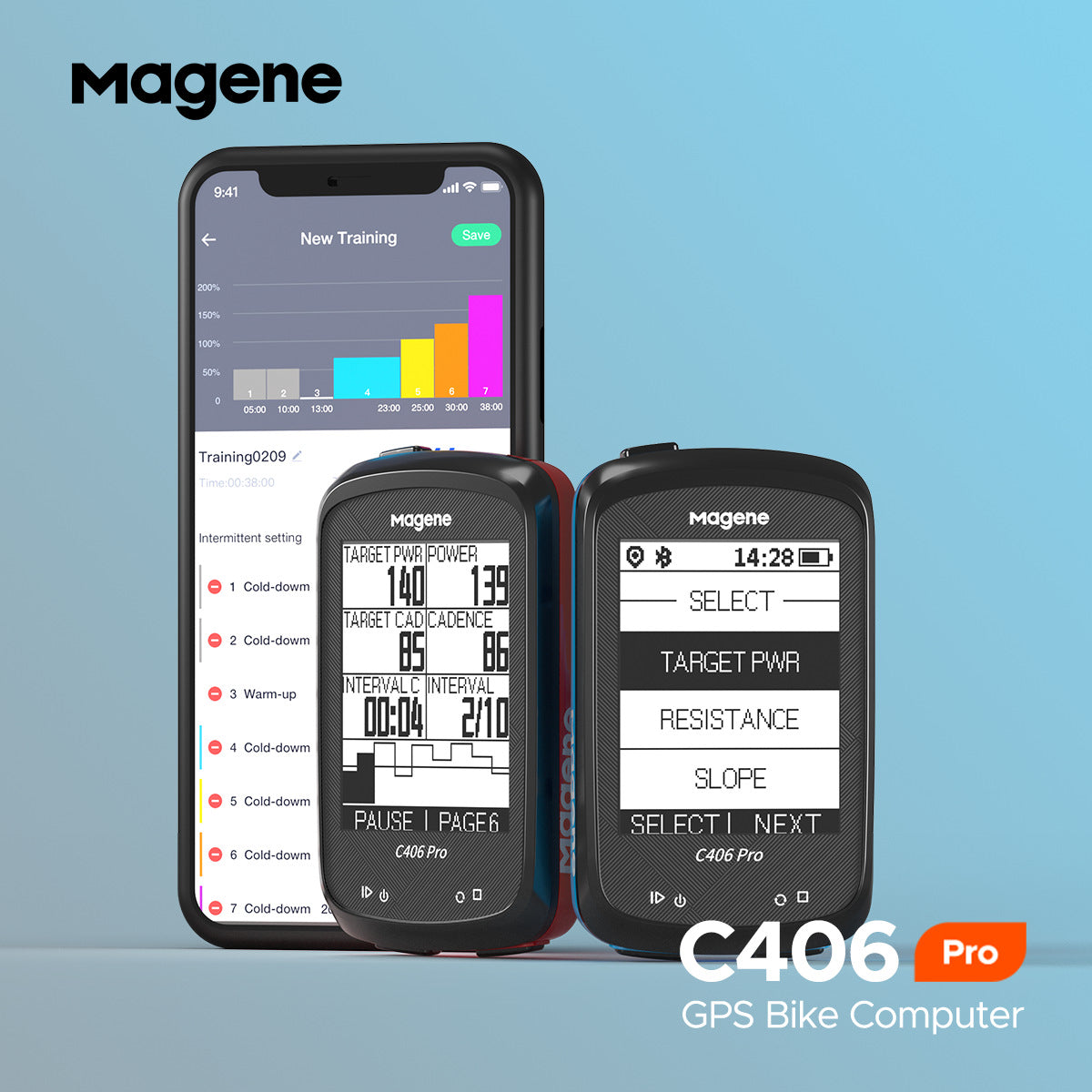 Magene McKin C406Pro wireless bicycle stopwatch with GPS, ANT+ speed monitoring, and English interface on a cycling display