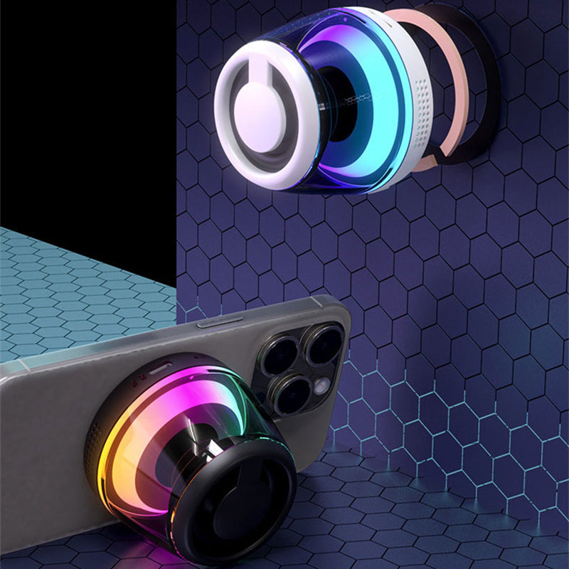 Portable magnetic Bluetooth speaker with RGB light and subwoofer, featuring a phone holder and outdoor TWS audio functionality by eprolo