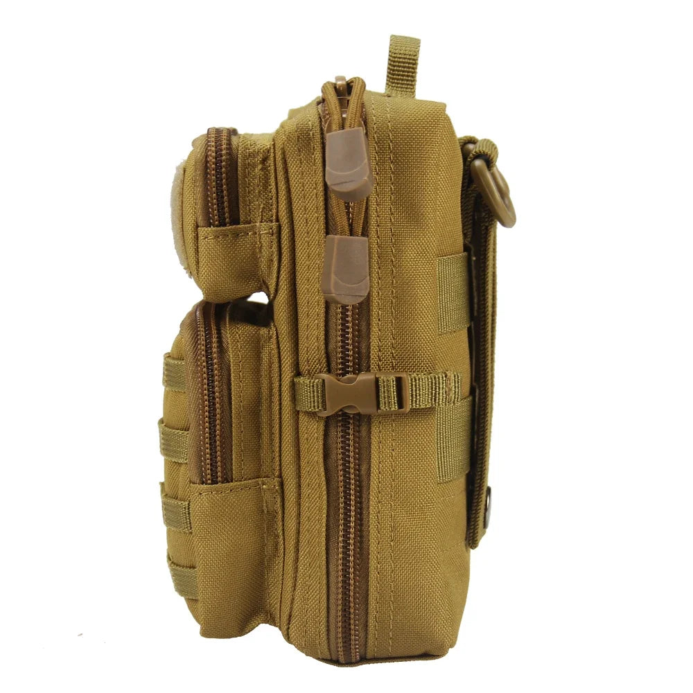Eprolo multifunction tactical pouch with Molle system, waist belt, and compartments for phone, wallet, and essentials during camping or hiking.