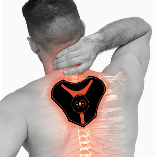 eprolo neck massager with EMS electric muscle stimulator for back and cervical pain relief, showing adjustable straps and control panel