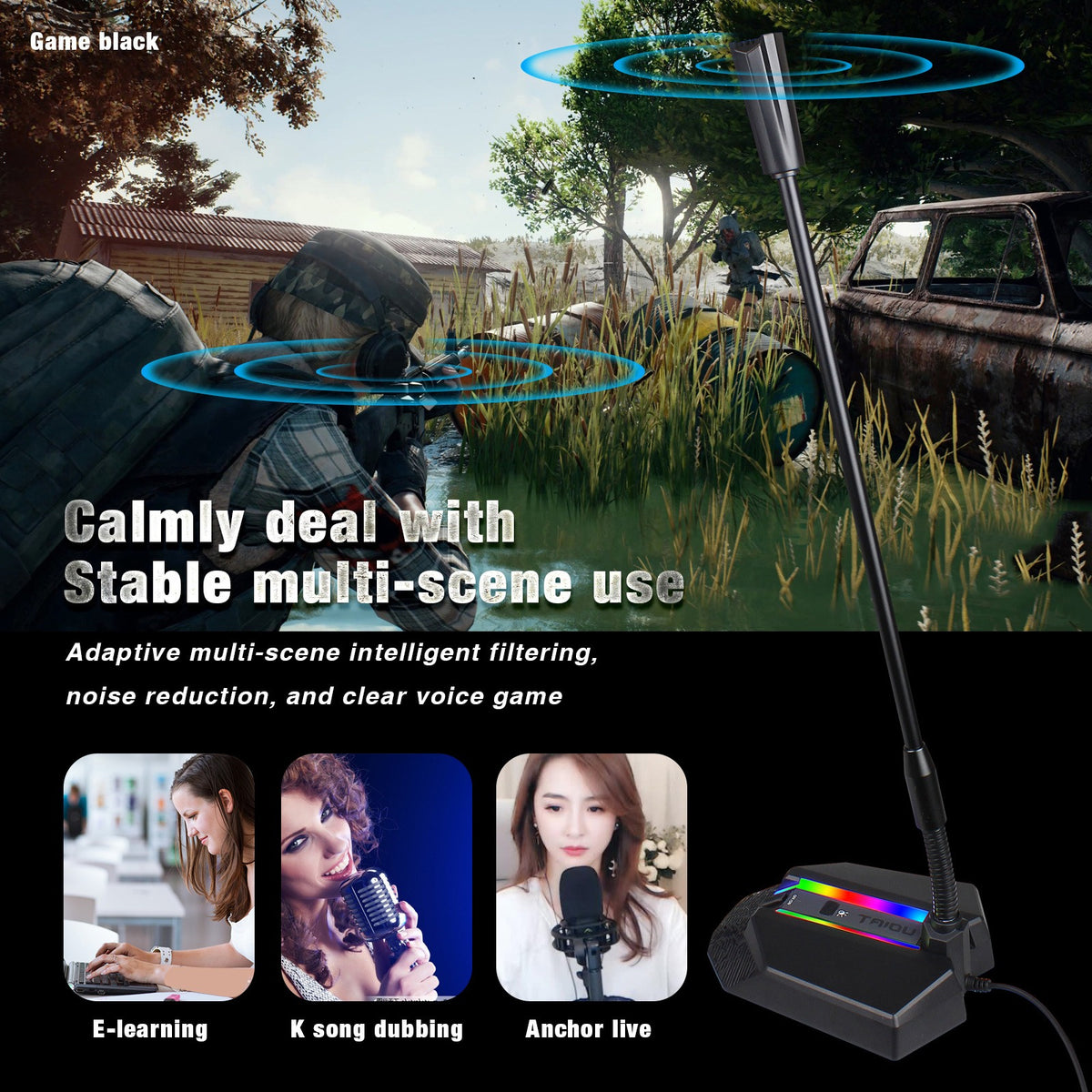 Eprolo RGB luminous condenser microphone for desktop gaming and live broadcast, with built-in LED lighting and adjustable stand