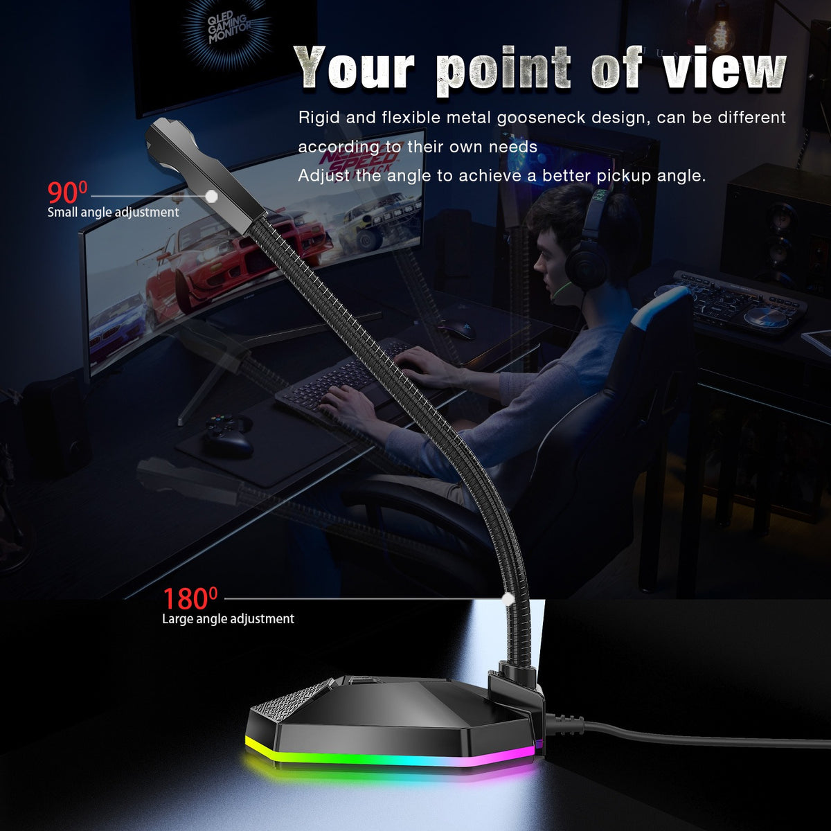 Eprolo RGB luminous bendable USB microphone for voice chat and video conferencing, with adjustable design and no driver needed.