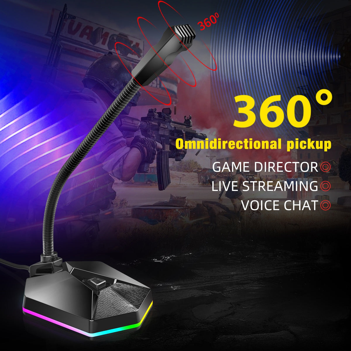 Eprolo RGB luminous bendable USB microphone for voice chat and video conferencing, with adjustable design and no driver required.