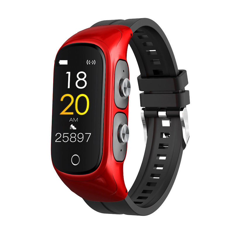 eprolo New N8 Smart Bracelet with Bluetooth ear headset and sports watch features, shown in black with digital display and earbuds.