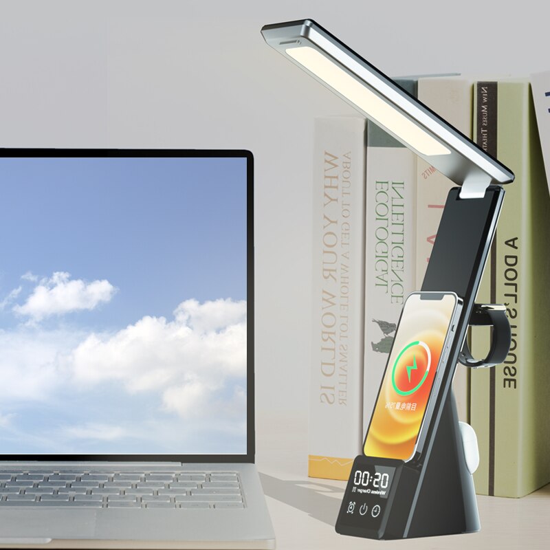 Eprolo multi-function table lamp with clock and wireless charger, featuring fast charging for phone, watch, and headset.