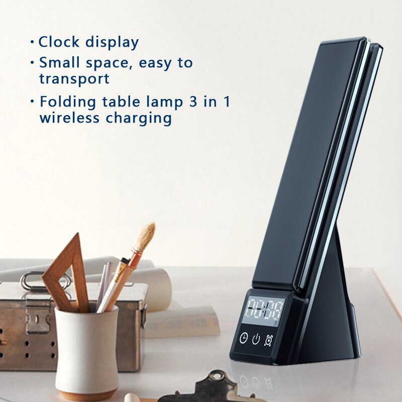 Eprolo multi-function table lamp with clock, wireless charger, and fast charging port for phone, watch, and headset.
