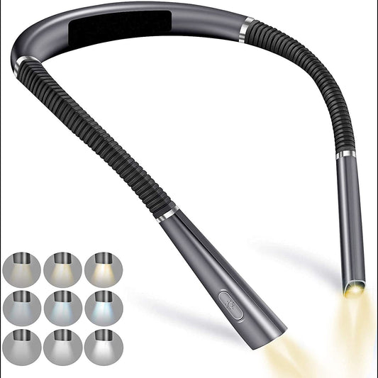 Eprolo night reading LED book light with dual heads, USB charging, tri-color illumination, and foldable neck design for hanging reading.