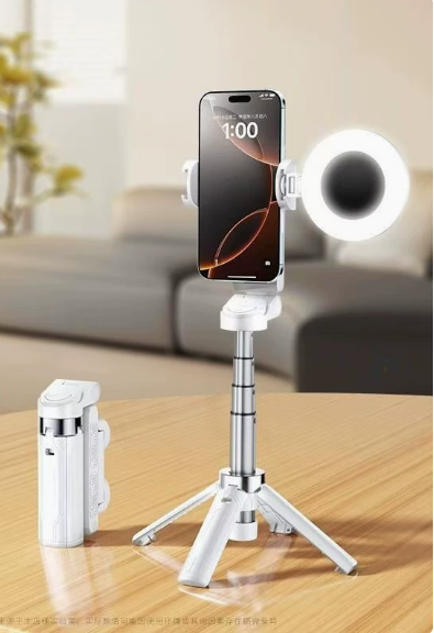 Eprolo JC-25 mini Bluetooth selfie stick with extendable tripod, anti-shake floor mount for live streaming and portable photography.