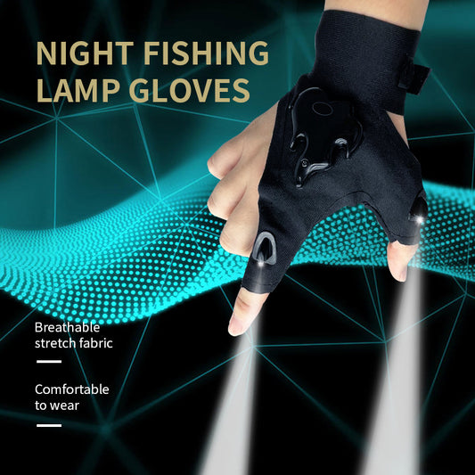 Eprolo LED rechargeable fishing gloves with high elasticity, anti-slip palms, luminous finger cots, and built-in lighting for night fishing.