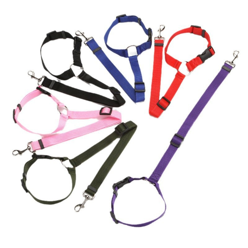 Adjustable eprolo pet car safety belt with ring and harness for secure rear seat travel with dogs.