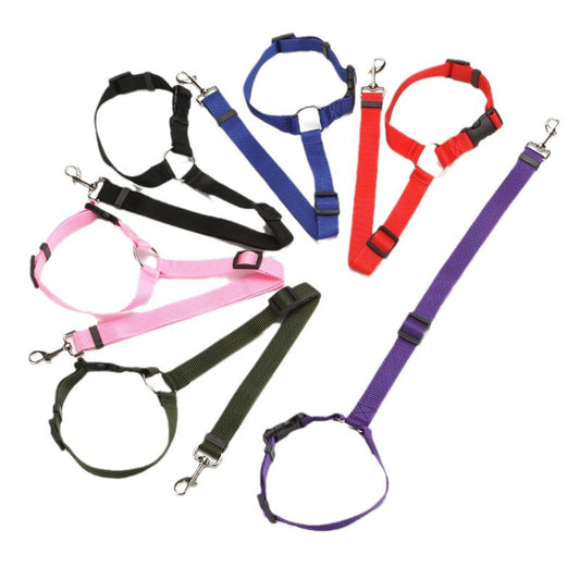 Adjustable eprolo pet car safety belt with ring and harness for secure rear seat travel with dogs.