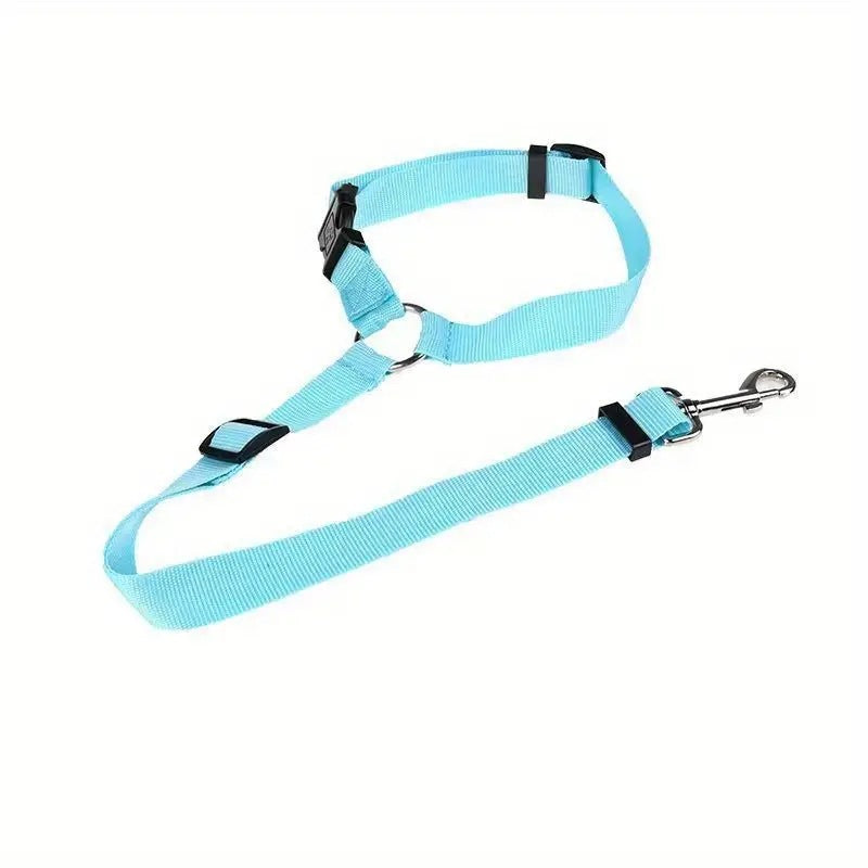 Adjustable eprolo pet car safety belt with ring and harness for secure travel on the rear seat of a vehicle.