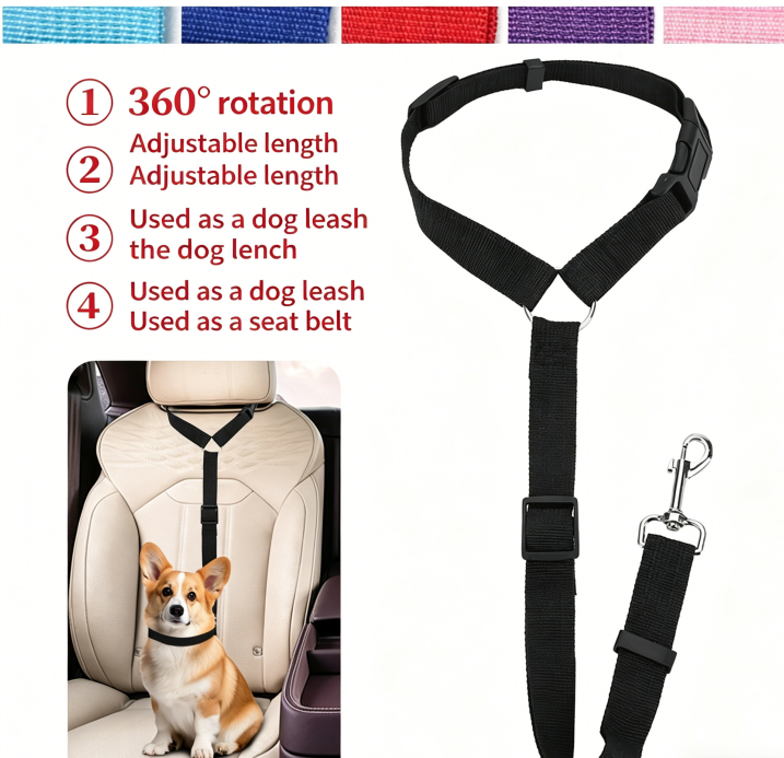 Eprolo pet car safety belt ring and harness for dogs, adjustable rear seat lead for secure travel and safety.