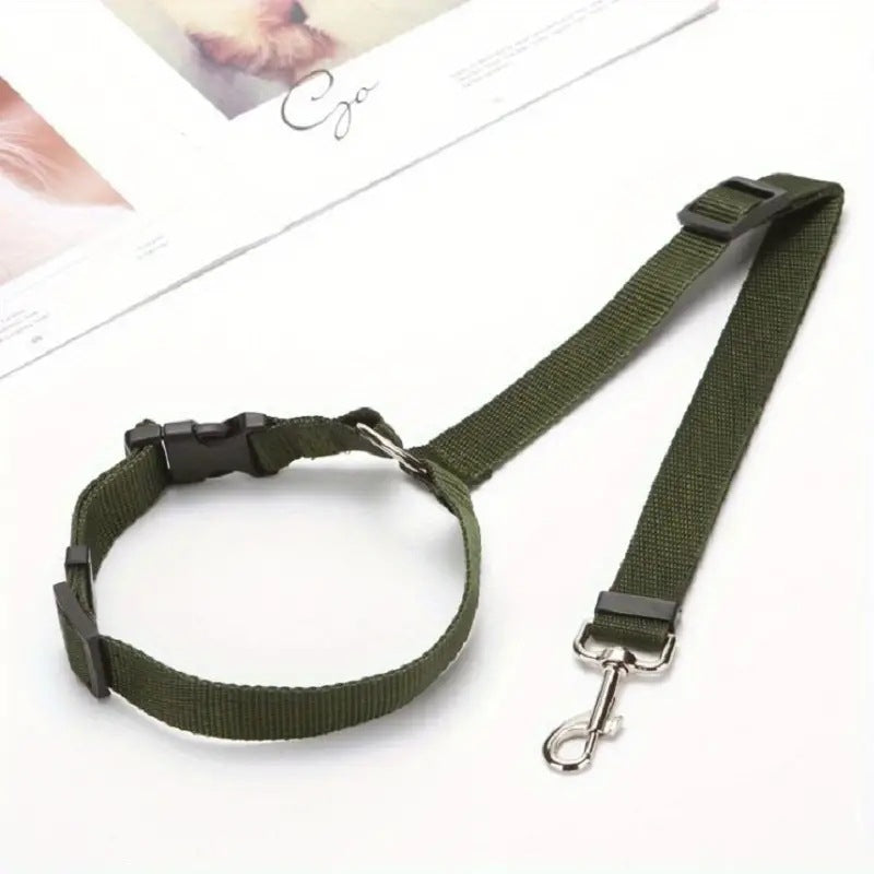 Eprolo pet car safety belt ring attached to a dog's rear seat harness, adjustable lead for secure travel.