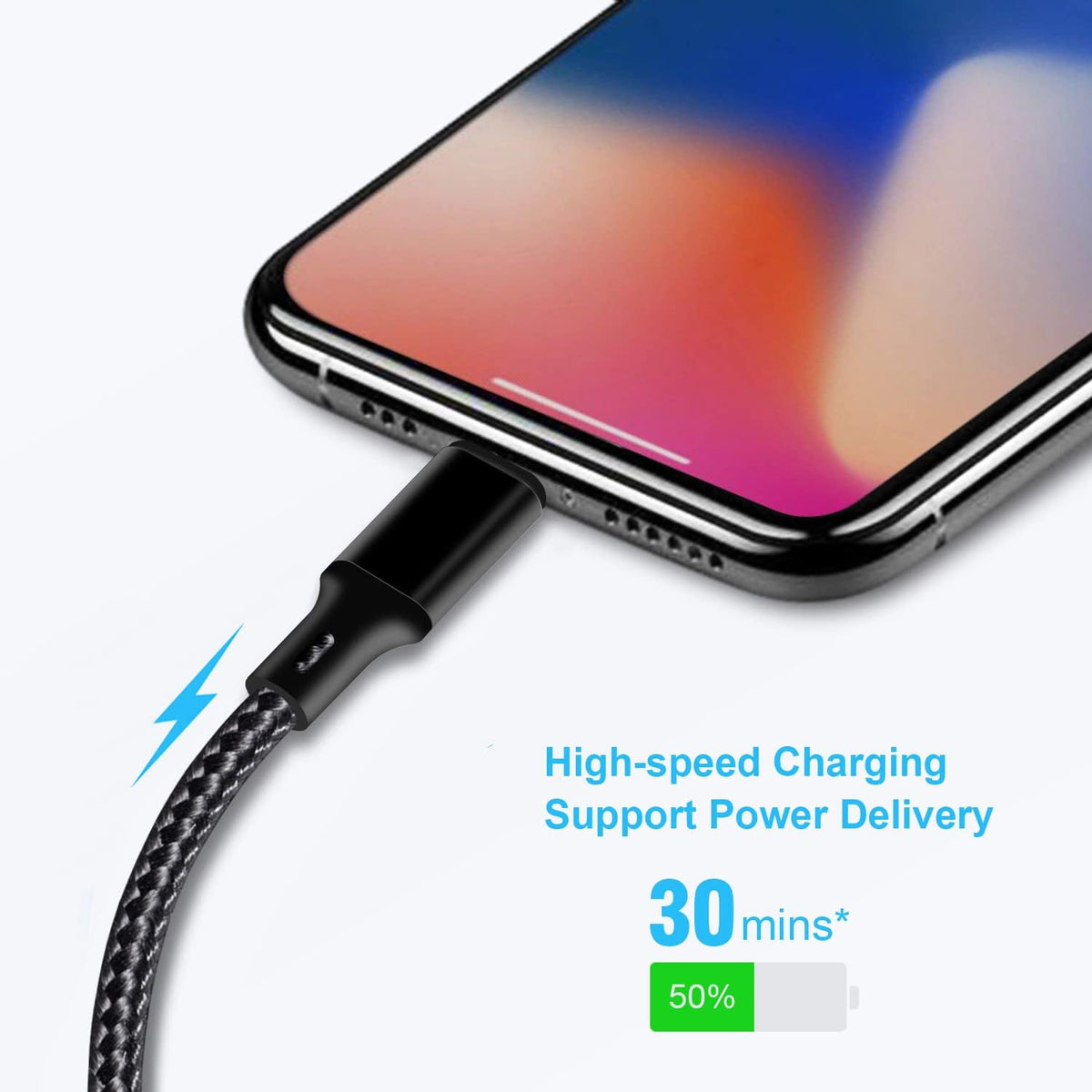 Eprolo QCable C100 black USB cable with braided nylon exterior and gold-plated connectors for durability and fast data transfer.