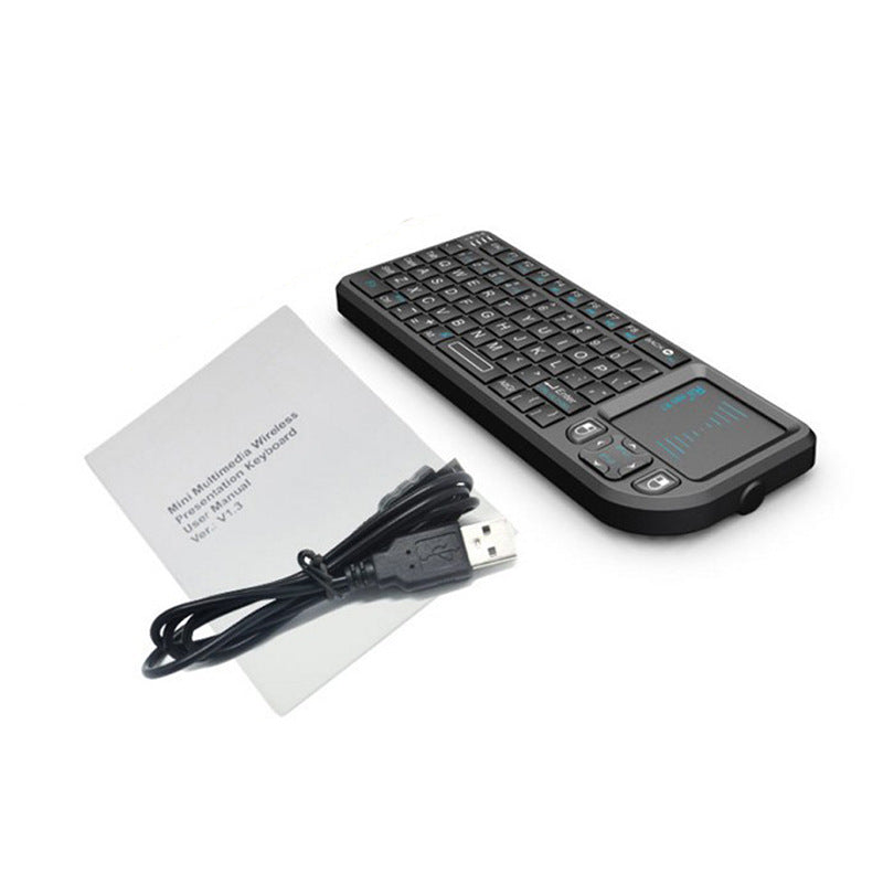 eprolo Rii X1 Mini wireless keyboard with integrated touchpad and remote control, ideal for home office, business, and HTPC laptops