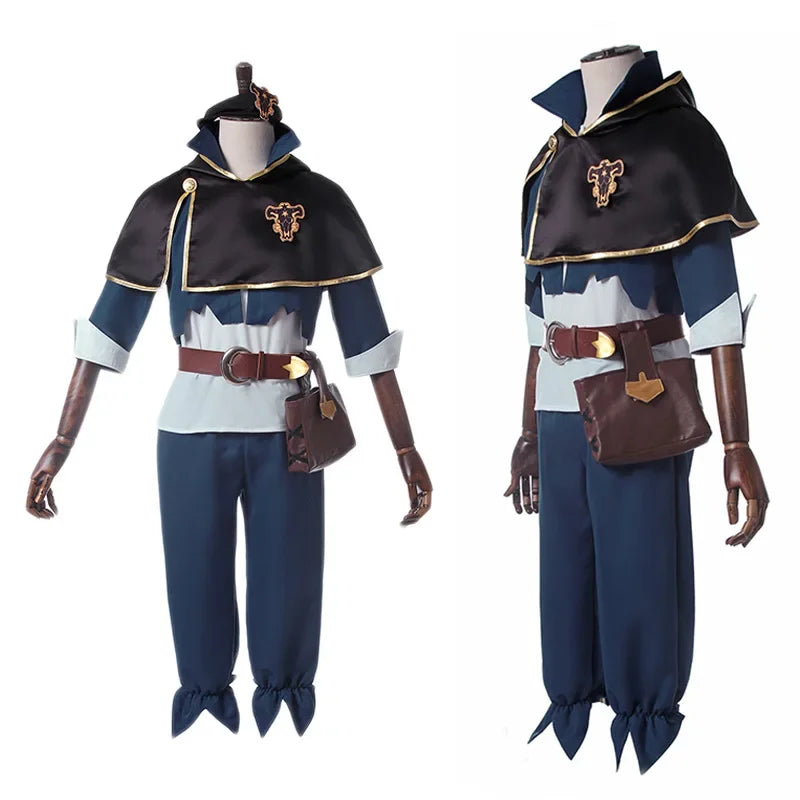 Anime Black Clover Asta and Yuno cosplay costume set including tops, pants, cloak, and accessories for men.