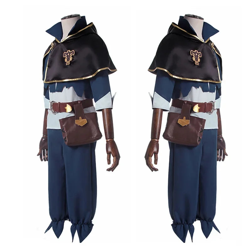 Anime Black Clover Asta and Yuno cosplay costume set featuring tops, pants, cloak, and accessories for men.