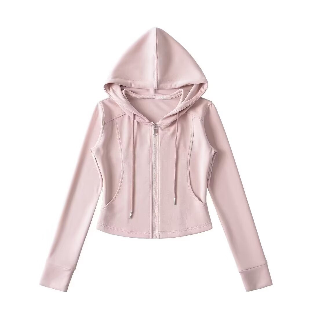 Black drawstring hooded slim fit hoodie with zipper closure and long sleeves from eprolo, shown on a model.