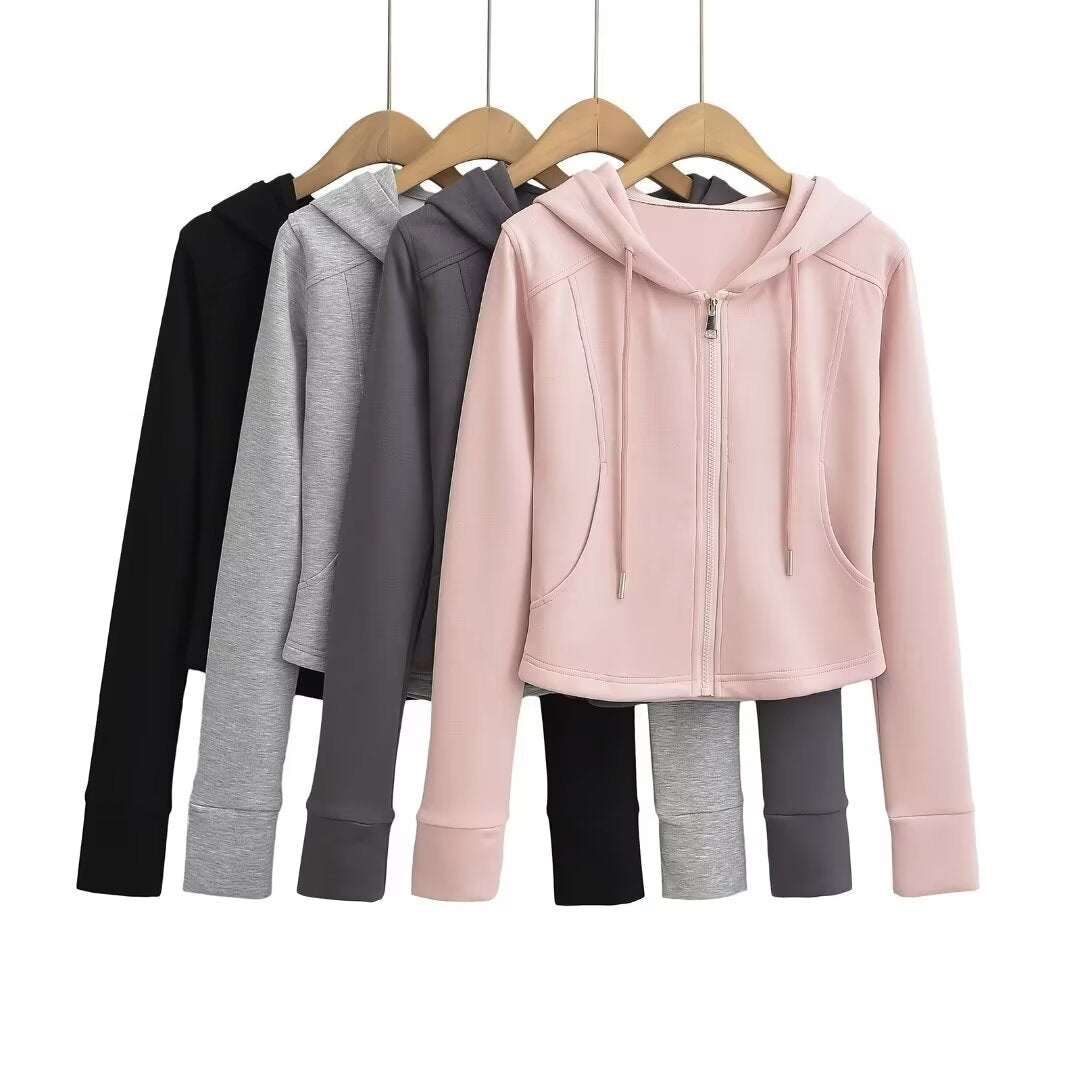 Eprolo drawstring hooded zipper long-sleeve slim fit hoodie, black with front zipper and adjustable hood, casual streetwear style.