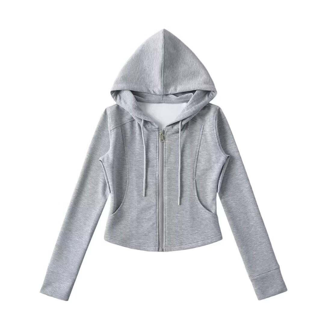 Eprolo drawstring hooded zipper long sleeve slim fit hoodie, front view showing adjustable hood and zipper closure.