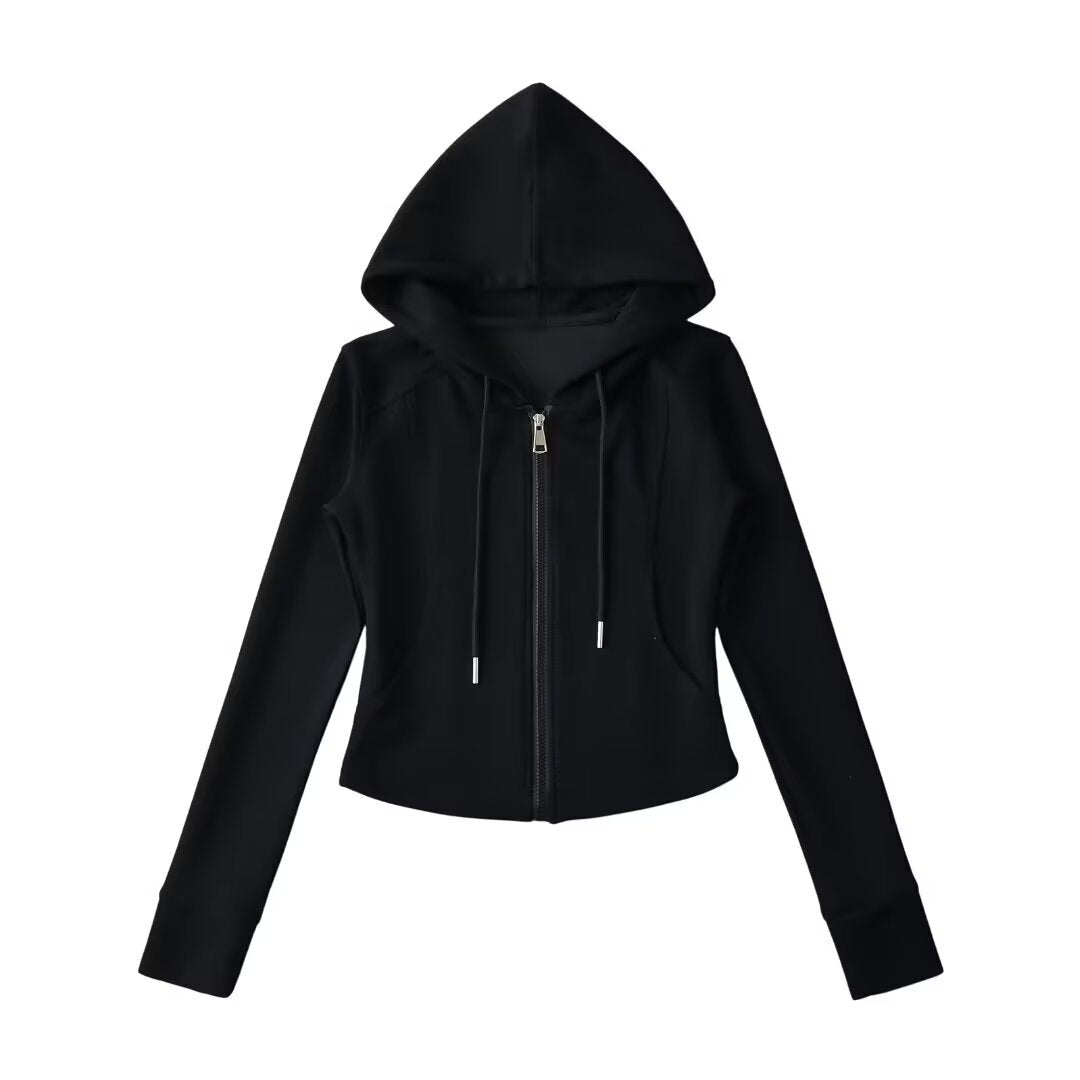 Eprolo drawstring hooded zipper long-sleeve slim fit hoodie, front view showing hood, zipper, and fitted design.