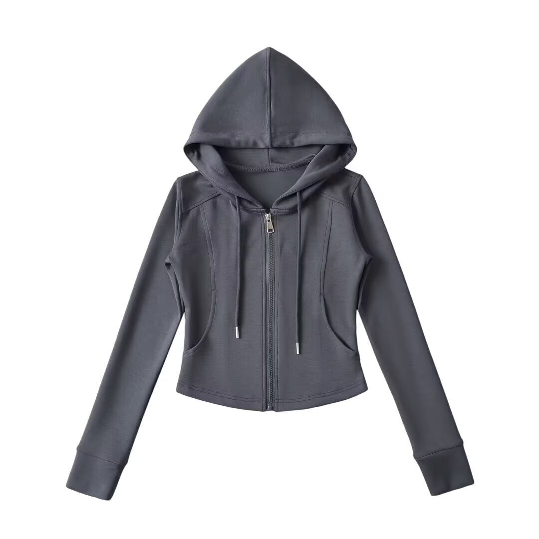 Eprolo drawstring hooded zipper long-sleeve slim fit hoodie, black color, with front zipper and adjustable hood.