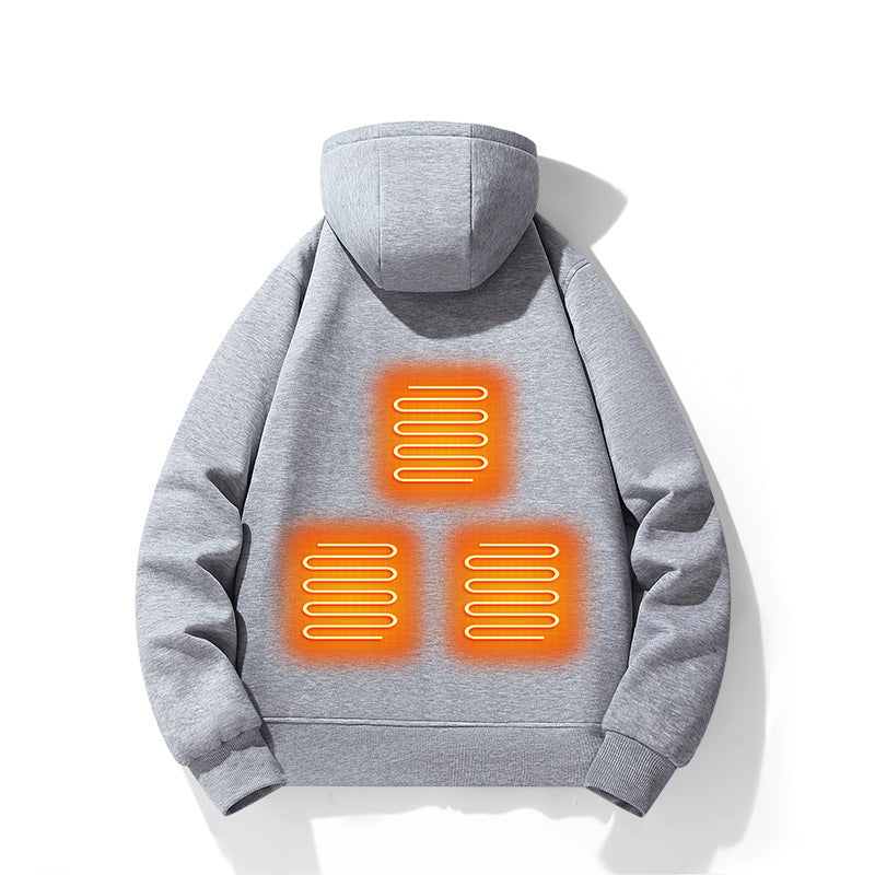 Eprolo men's electric heating hoodie with five-zone heating, hood, zipper, and outdoor warmth for cold weather.