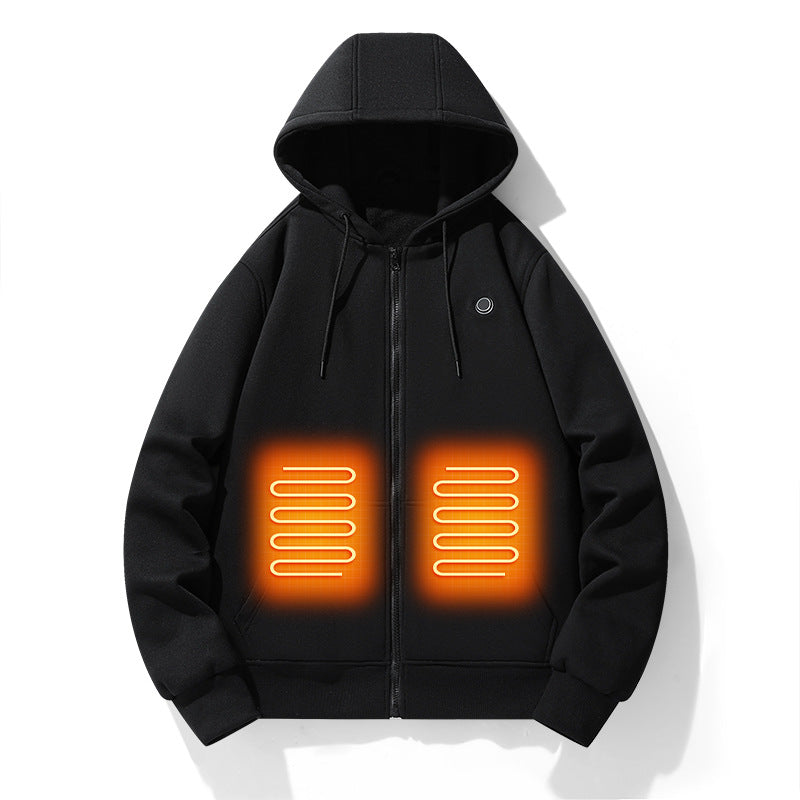 Eprolo men's electronic heating hoodie with European and American zippers, five-zone heating, and hood for outdoor warmth.