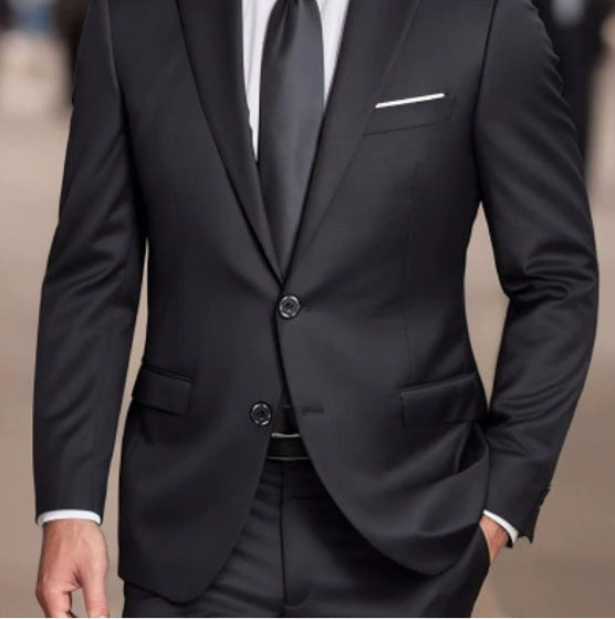 Formal men's slim fit two-piece suit with double-button wedding tuxedo jacket in solid color, by eprolo.