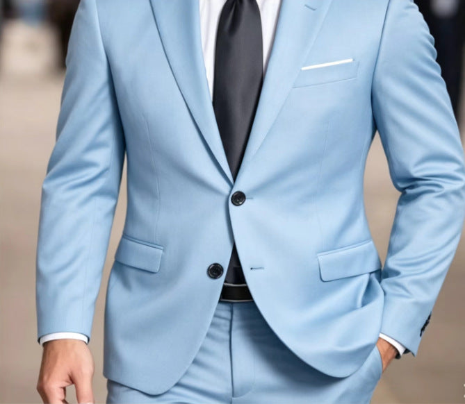 Formal men's slim fit two-piece suit with solid color tuxedo jacket and double buttons, ideal for weddings and special occasions.
