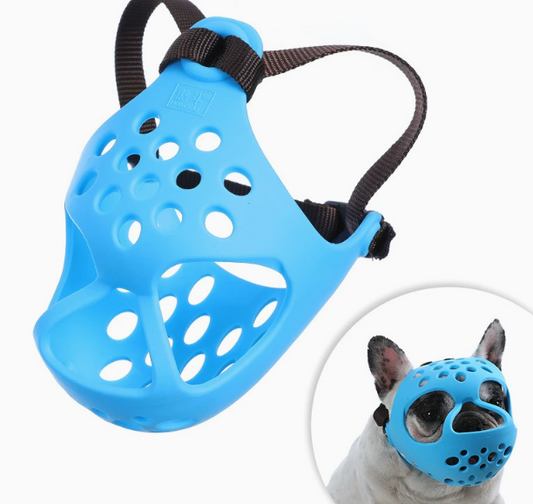 Soft rubber dog muzzle for bulldogs and terriers, eprolo brand, preventing biting and eating, fits short-muzzle breeds like Pugs and French Bulldogs.