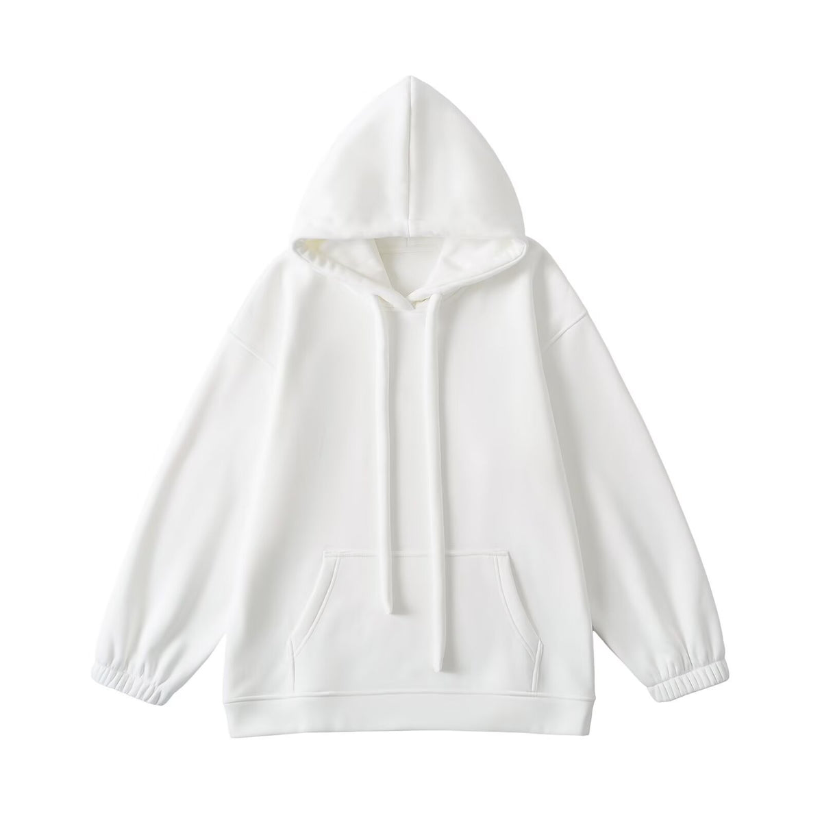 Loose eprolo drawstring hooded sweatshirt shown in black with front pockets and adjustable hood, casual streetwear style.