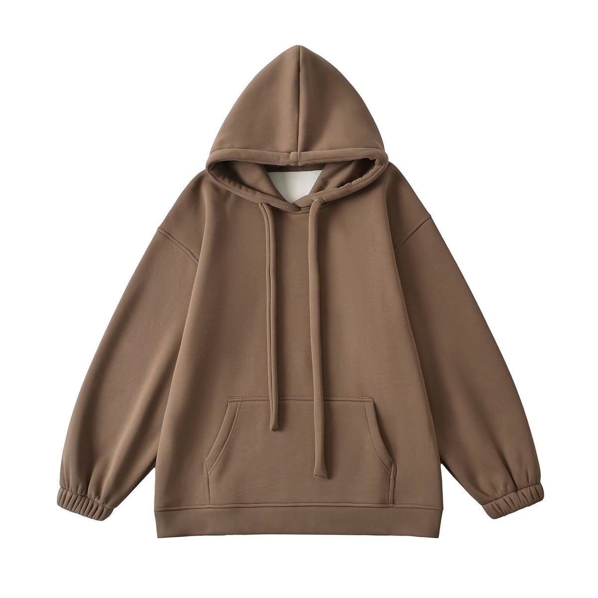 Loose eprolo hooded sweatshirt with drawstring and front pocket, made of soft fabric, shown on a hanger.