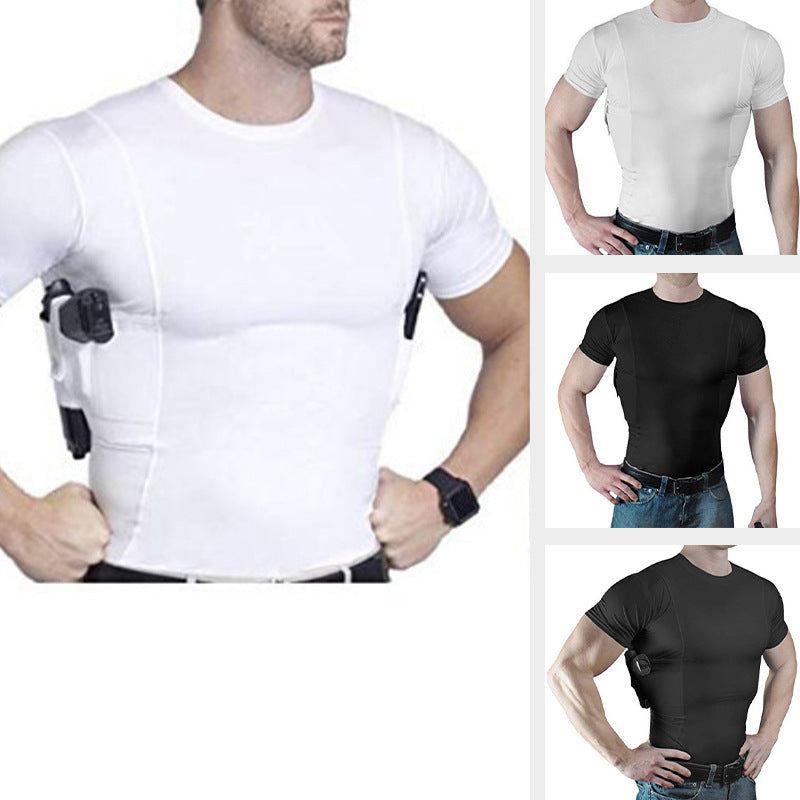 Men's tactical short sleeve shirt by eprolo with concealed carry holster and side pistol pockets for everyday carry.