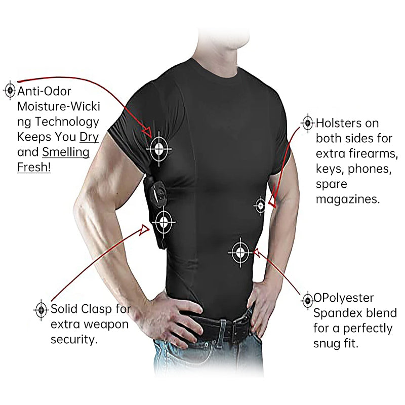 Men's concealed carry tactical short sleeve shirt with side pistol pockets, EDC base layer by eprolo.